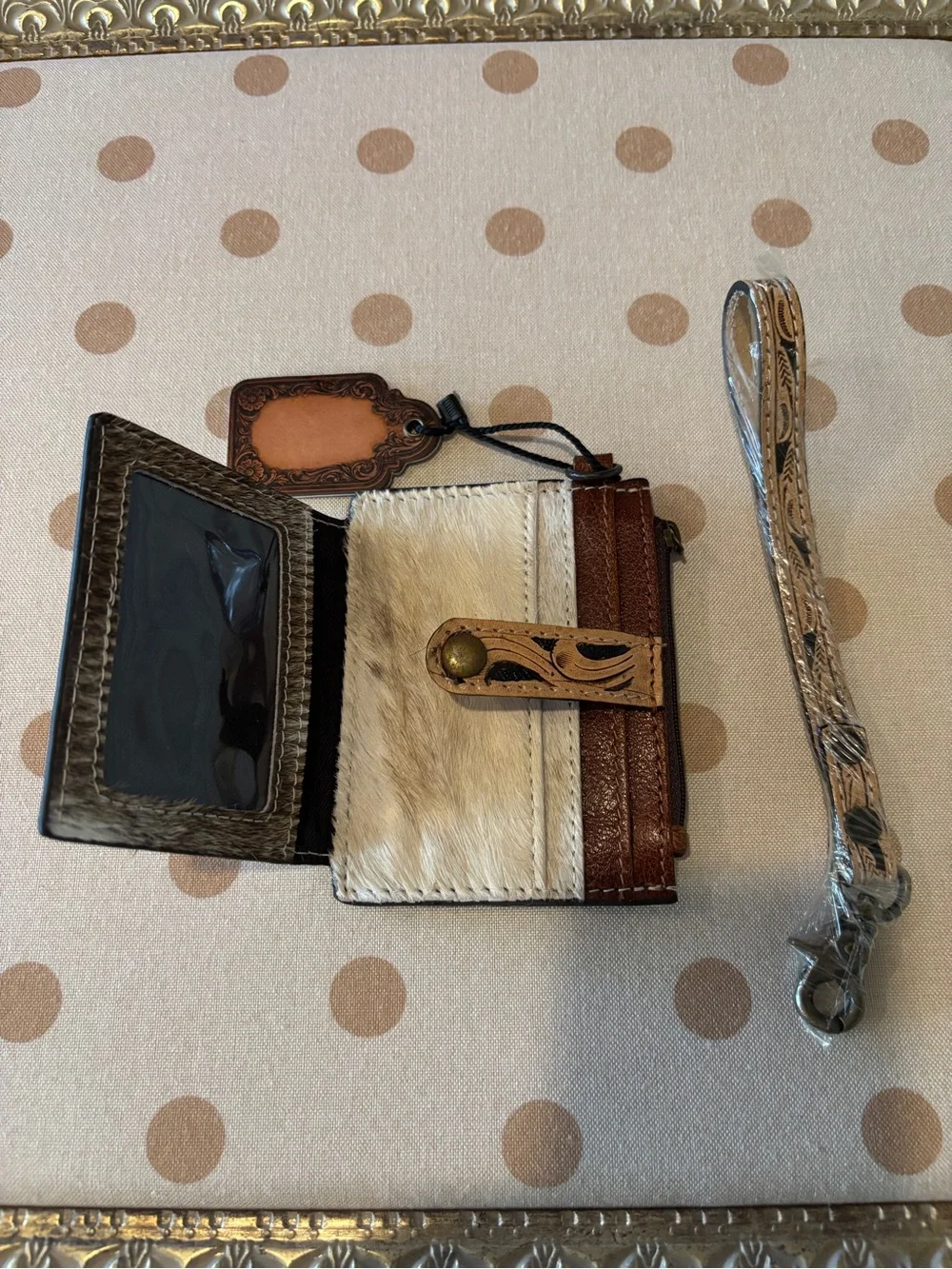 Tooled Leather Wristlet Card Wallet in Brown and Tan
